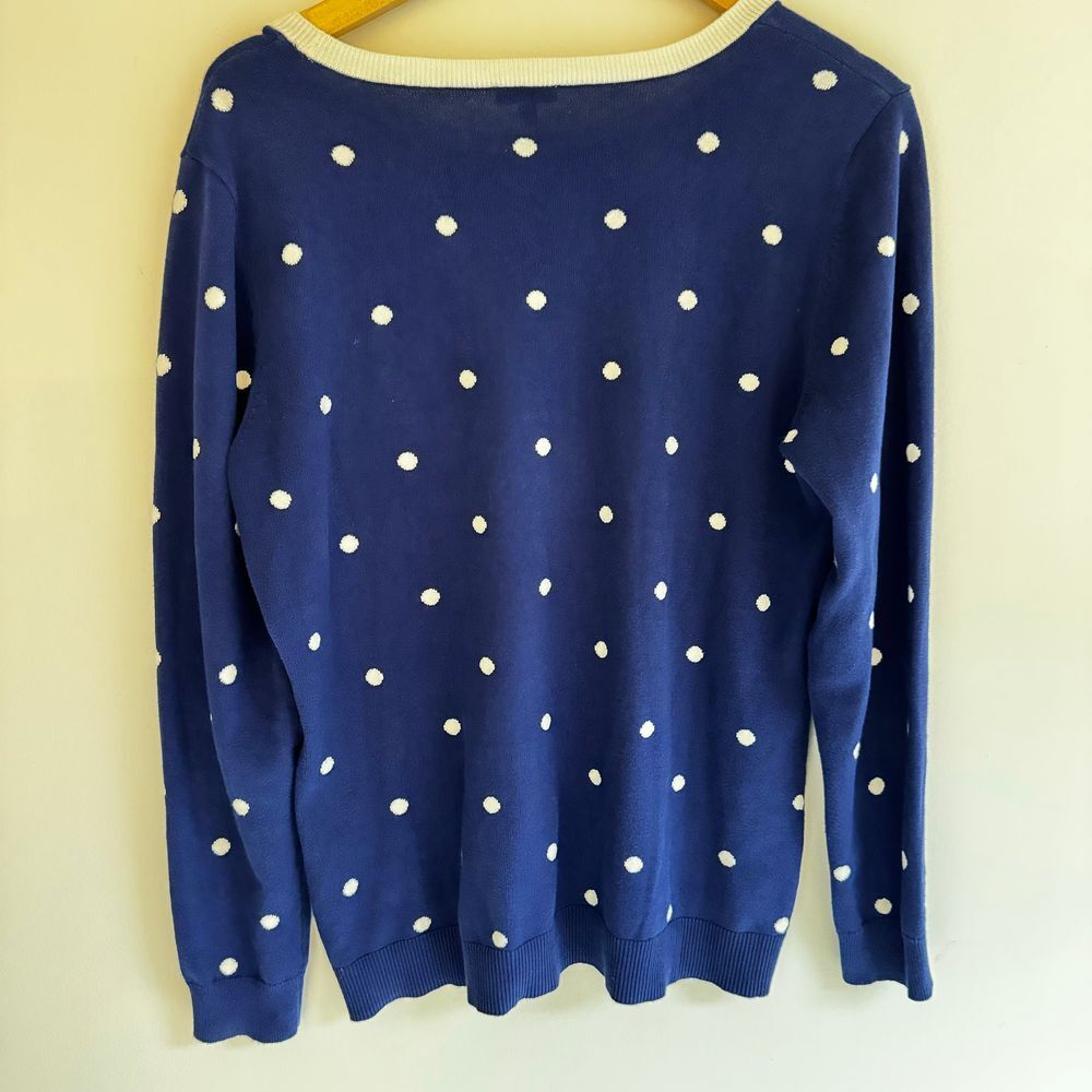 Talbots Womens Large Crew Neck Sweater Blue White Polka Dot 100% Cotton Preppy - Picture 2 of 6